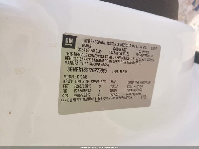 44547885 :رقم المزاد ، 3GNFK16317G275885 vin ، 2007 Chevrolet Suburban 1500 Lt مزاد بيع