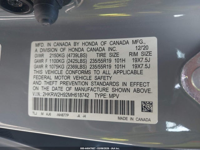 2HKRW2H92MH618742 Honda Cr-v Awd Touring