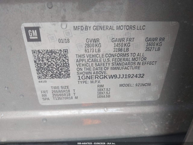 2018 Chevrolet Traverse 1lt მანქანა იყიდება აუქციონზე, vin: 1GNERGKW9JJ192432, აუქციონის ნომერი: 44547925