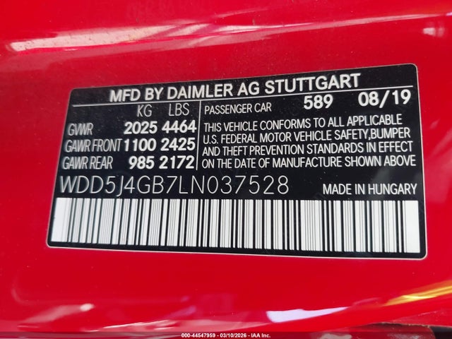 44547959 :رقم المزاد ، WDD5J4GB7LN037528 vin ، 2020 Mercedes-benz Cla 250 مزاد بيع