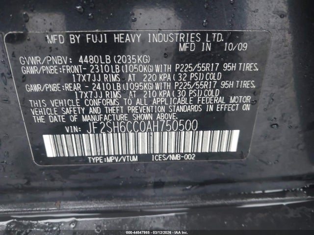 Продаж на аукціоні авто 2010 Subaru Forester 2.5x Premium, vin: JF2SH6CC0AH750500, номер лоту: 44547985