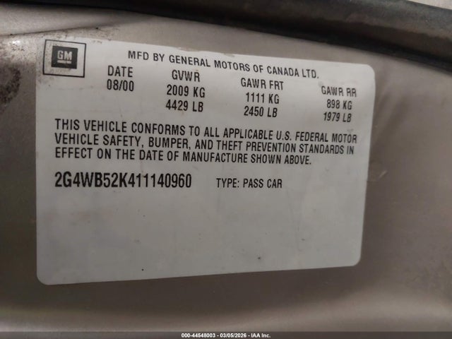 44548003 :رقم المزاد ، 2G4WB52K411140960 vin ، 2001 Buick Regal Ls مزاد بيع