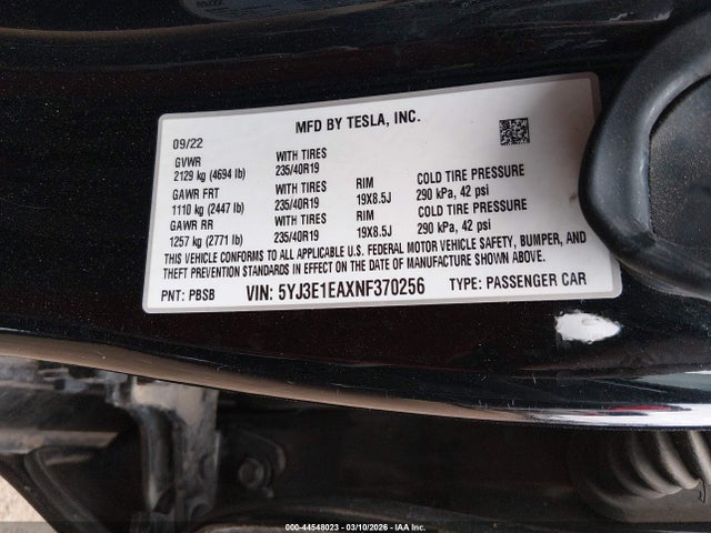 Aukcja sprzedaży 2022 Tesla Model 3 Rear-wheel Drive, vin: 5YJ3E1EAXNF370256, numer aukcji: 44548023