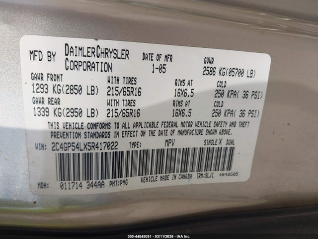 44548091 :رقم المزاد ، 2C4GP54LX5R417022 vin ، 2005 Chrysler Town & Country Touring مزاد بيع