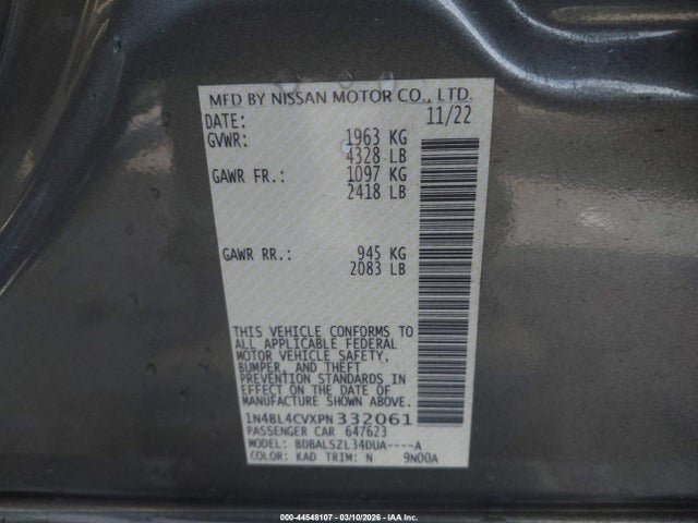 2023 Nissan Altima Sr Fwd მანქანა იყიდება აუქციონზე, vin: 1N4BL4CVXPN332061, აუქციონის ნომერი: 44548107