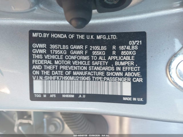 Aukcja sprzedaży 2021 Honda Civic Sport Touring, vin: SHHFK7H90MU219045, numer aukcji: 44548109