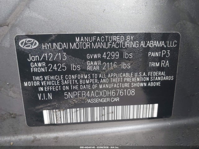 Aukcja sprzedaży 2013 Hyundai Sonata Gls, vin: 5NPEB4ACXDH676108, numer aukcji: 44548140