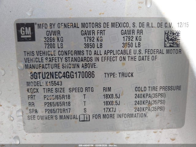 Aukcja sprzedaży 2016 Gmc Sierra 1500 Slt, vin: 3GTU2NEC4GG170086, numer aukcji: 44548156