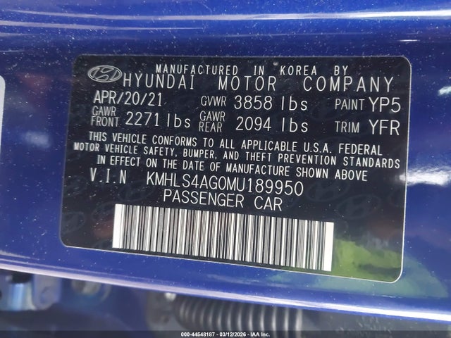 Aukcja sprzedaży 2021 Hyundai Elantra Sel, vin: KMHLS4AG0MU189950, numer aukcji: 44548187