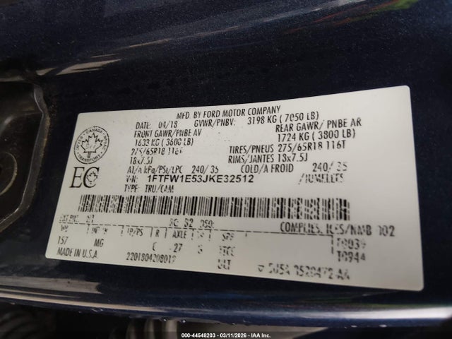 44548203 :رقم المزاد ، 1FTFW1E53JKE32512 vin ، 2018 Ford F-150 Xlt مزاد بيع