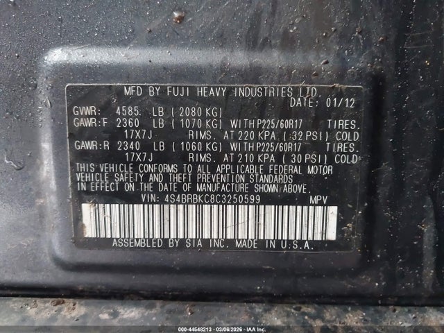 44548213 :رقم المزاد ، 4S4BRBKC8C3250599 vin ، 2012 Subaru Outback 2.5i Limited مزاد بيع
