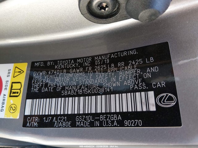 Продажа на аукционе авто 2019 Lexus Es 350, vin: 58ABZ1B15KU038141, номер лота: 44548224