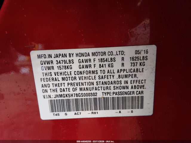 2016 HONDA FIT JHMGK5H78GS000302 Photo 8