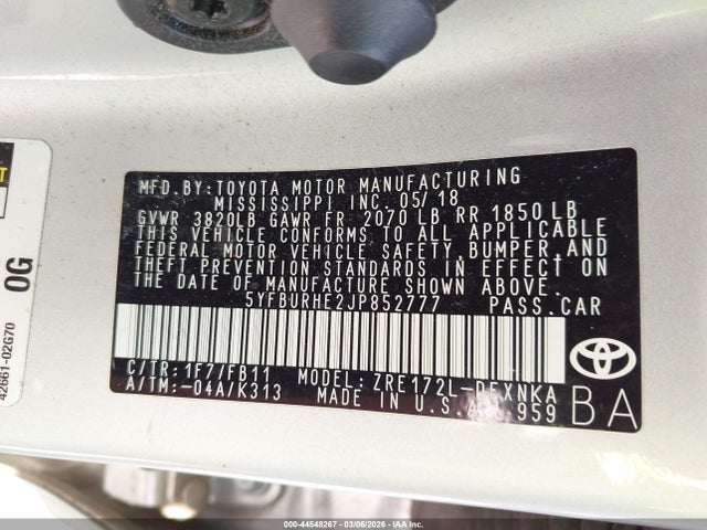 2018 Toyota Corolla Le მანქანა იყიდება აუქციონზე, vin: 5YFBURHE2JP852777, აუქციონის ნომერი: 44548267