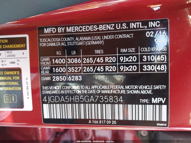2016 Mercedes-benz Gle 350 4matic მანქანა იყიდება აუქციონზე, vin: 4JGDA5HB5GA735834, აუქციონის ნომერი: 44548296