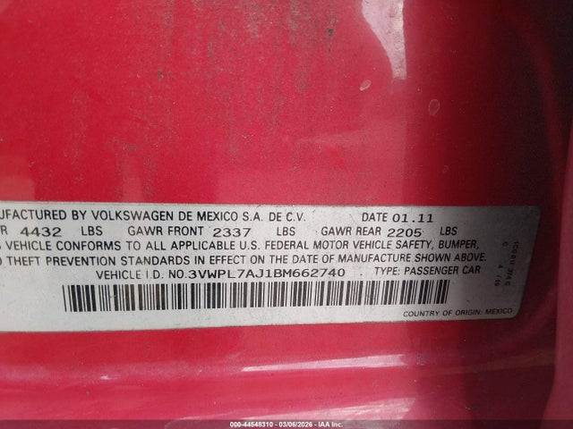 44548310 :رقم المزاد ، 3VWPL7AJ1BM662740 vin ، 2011 Volkswagen Jetta Sportwagen 2.0l Tdi مزاد بيع