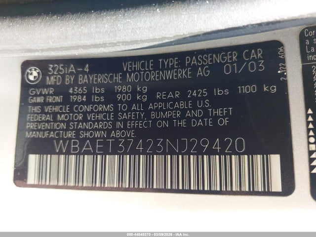 Aukcja sprzedaży 2003 Bmw 325i, vin: WBAET37423NJ29420, numer aukcji: 44548370
