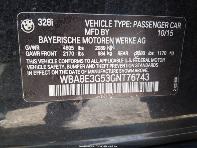 Aukcja sprzedaży 2016 Bmw 328i Xdrive, vin: WBA8E3G53GNT76743, numer aukcji: 44548381