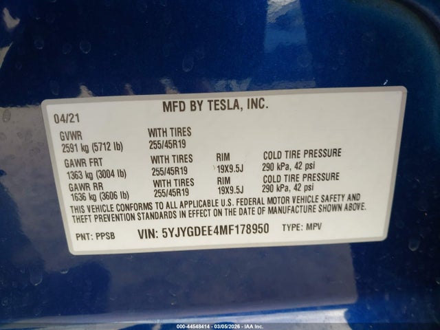 Продажа на аукционе авто 2021 Tesla Model Y Long Range Dual Motor All-wheel Drive, vin: 5YJYGDEE4MF178950, номер лота: 44548414