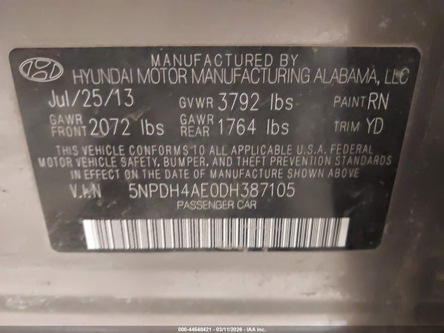 44548421 :رقم المزاد ، 5NPDH4AE0DH387105 vin ، 2013 Hyundai Elantra Gls مزاد بيع