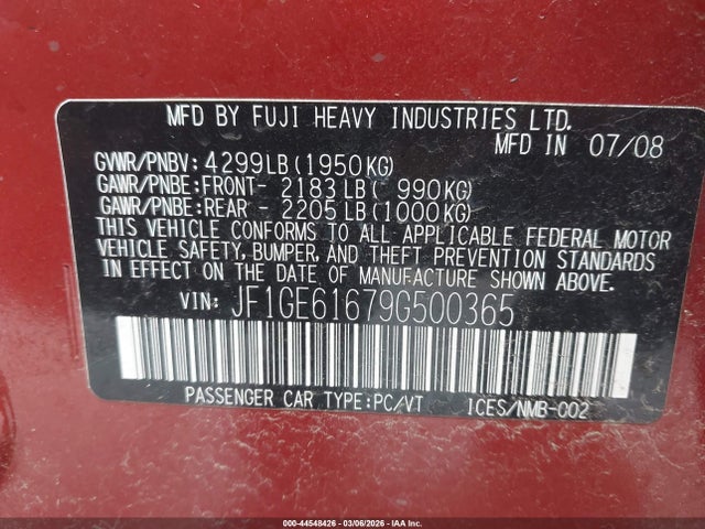 Aukcja sprzedaży 2009 Subaru Impreza 2.5i, vin: JF1GE61679G500365, numer aukcji: 44548426