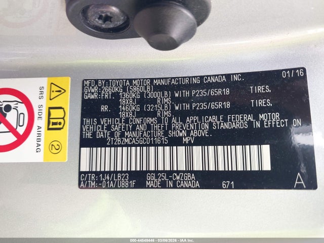 44548446 :رقم المزاد ، 2T2BZMCA5GC011615 vin ، 2016 Lexus Rx 350 مزاد بيع