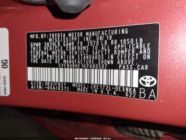 5YFBURHE1KP880507 Toyota COROLLA LE