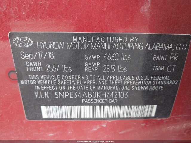 44548459 :رقم المزاد ، 5NPE34AB0KH742103 vin ، 2019 Hyundai Sonata Limited 2.0t مزاد بيع