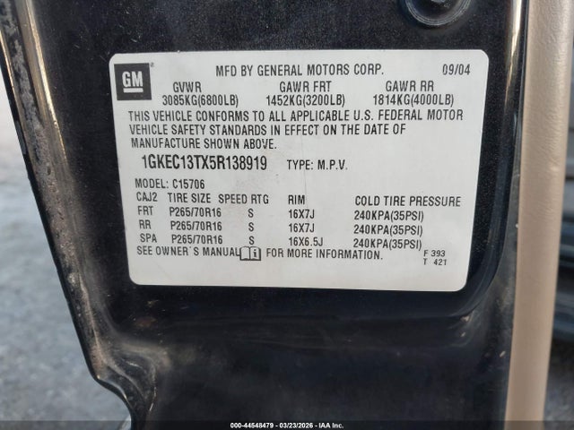 44548479 :رقم المزاد ، 1GKEC13TX5R138919 vin ، 2005 Gmc Yukon Slt مزاد بيع