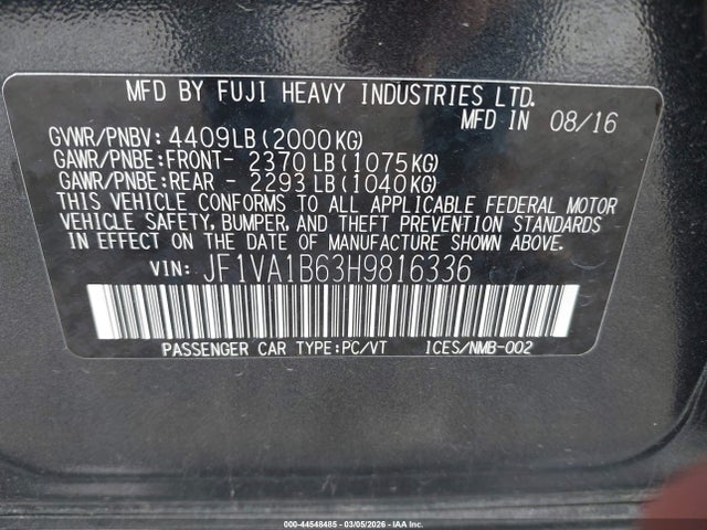Auction sale of the 2017 Subaru Wrx, vin: JF1VA1B63H9816336, lot number: 44548485