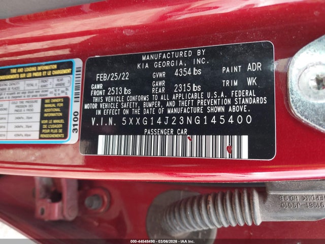 Aukcja sprzedaży 2022 Kia K5 Lxs, vin: 5XXG14J23NG145400, numer aukcji: 44548490