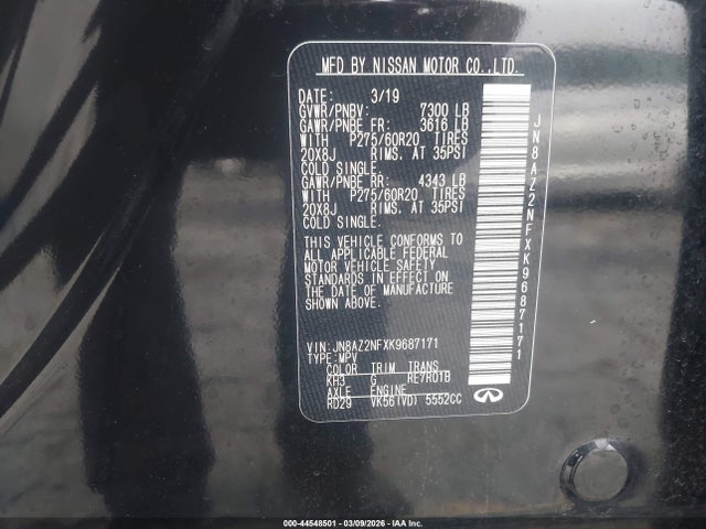 Aukcja sprzedaży 2019 Infiniti Qx80 Luxe, vin: JN8AZ2NFXK9687171, numer aukcji: 44548501