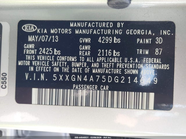 2013 Kia Optima Ex მანქანა იყიდება აუქციონზე, vin: 5XXGN4A75DG214649, აუქციონის ნომერი: 44548531