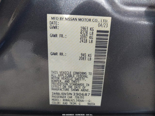 44548635 :رقم المزاد ، 1N4BL4DV3PN390687 vin ، 2023 Nissan Altima Sv Fwd مزاد بيع