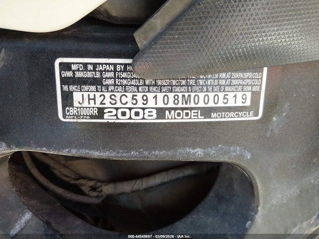 2008 HONDA CBR1000 JH2SC59108M000519 Photo 9