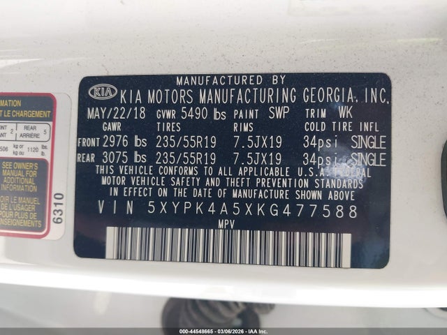2019 Kia Sorento 3.3l Sxl მანქანა იყიდება აუქციონზე, vin: 5XYPK4A5XKG477588, აუქციონის ნომერი: 44548665