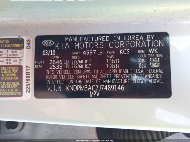 Продаж на аукціоні авто 2018 Kia Sportage Lx, vin: KNDPM3AC7J7489146, номер лоту: 44548672