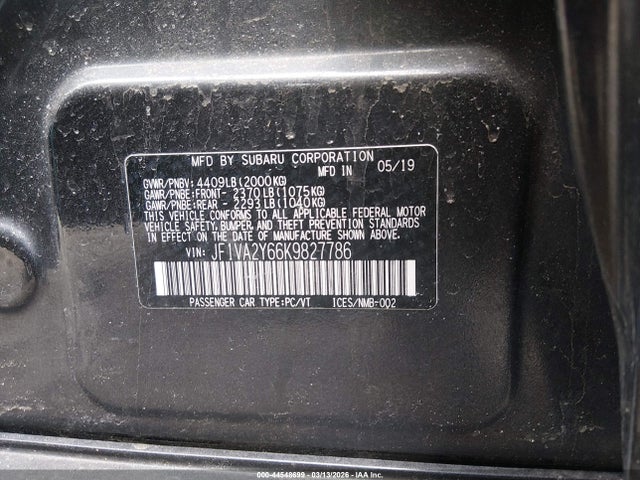 Aukcja sprzedaży 2019 Subaru Wrx Sti Limited, vin: JF1VA2Y66K9827786, numer aukcji: 44548699