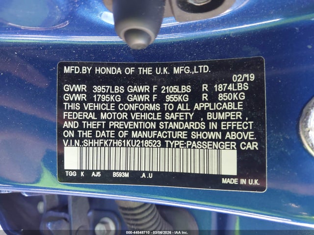 Aukcja sprzedaży 2019 Honda Civic Ex, vin: SHHFK7H61KU218523, numer aukcji: 44548710