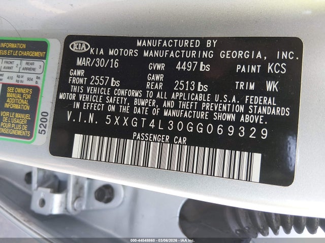 Aukcja sprzedaży 2016 Kia Optima Lx, vin: 5XXGT4L30GG069329, numer aukcji: 44548860