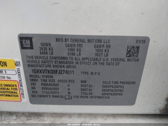 Продажа на аукционе авто 2015 Gmc Acadia Denali, vin: 1GKKVTKD8FJ274811, номер лота: 44548868