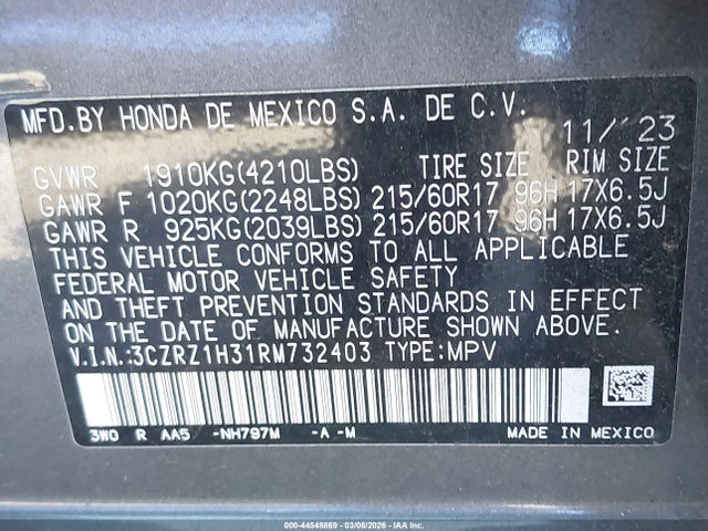 3CZRZ1H31RM732403 Honda Hr-v 2wd Lx