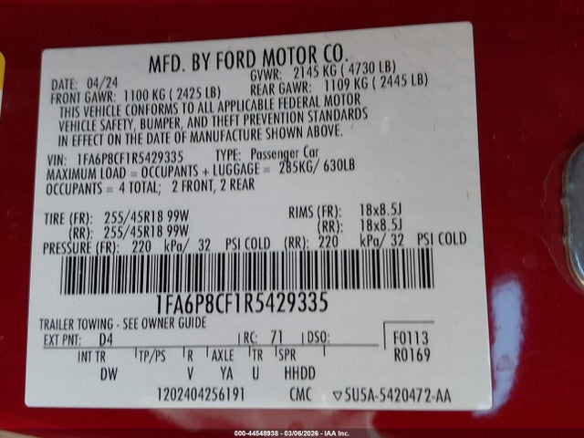 2024 Ford Mustang Gt Fastback მანქანა იყიდება აუქციონზე, vin: 1FA6P8CF1R5429335, აუქციონის ნომერი: 44548938