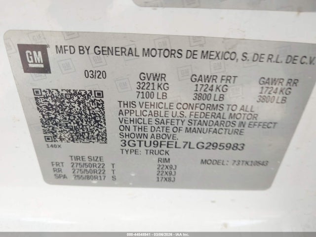 44548941 :رقم المزاد ، 3GTU9FEL7LG295983 vin ، 2020 Gmc Sierra 1500 4wd  Short Box Denali مزاد بيع
