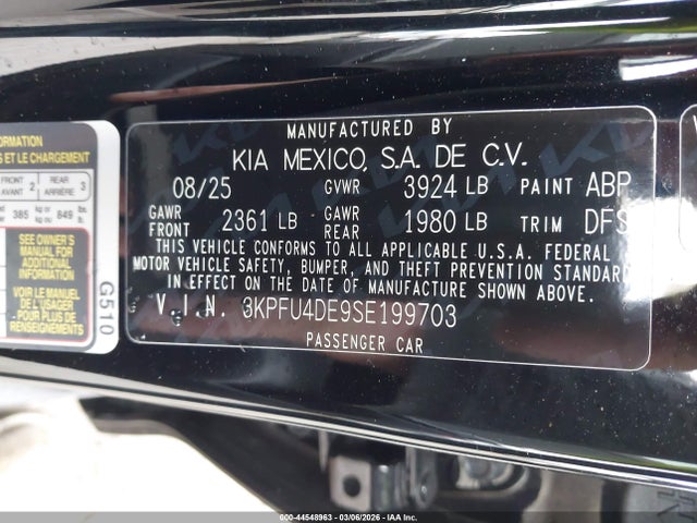 Продажа на аукционе авто 2025 Kia K4 Ex, vin: 3KPFU4DE9SE199703, номер лота: 44548963