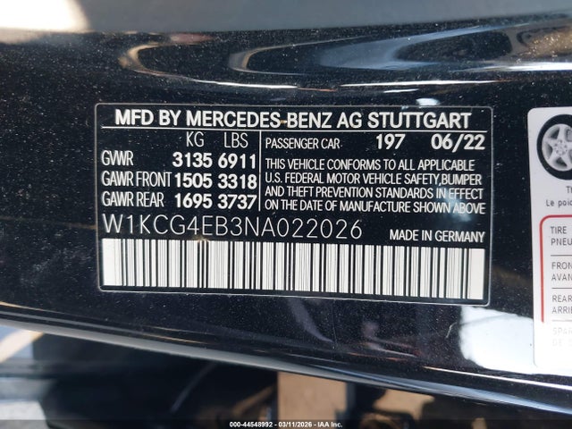 44548992 :رقم المزاد ، W1KCG4EB3NA022026 vin ، 2022 Mercedes-benz Eqs 580 4matic مزاد بيع