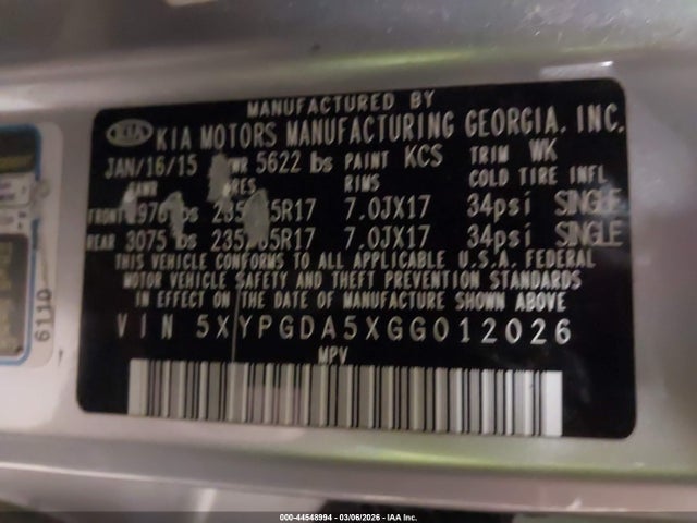 Aukcja sprzedaży 2016 Kia Sorento 3.3l Lx, vin: 5XYPGDA5XGG012026, numer aukcji: 44548994
