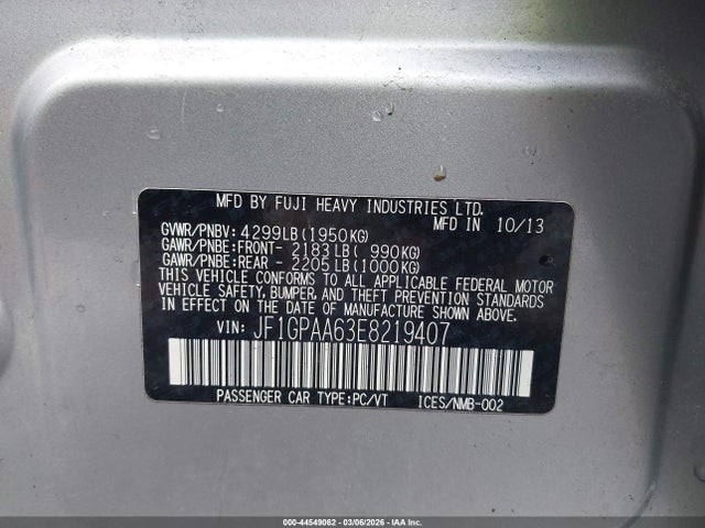 44549062 :رقم المزاد ، JF1GPAA63E8219407 vin ، 2014 Subaru Impreza 2.0i مزاد بيع