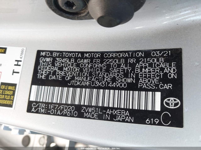 Продаж на аукціоні авто 2021 Toyota Prius Le, vin: JTDKAMFU3M3144900, номер лоту: 44549078
