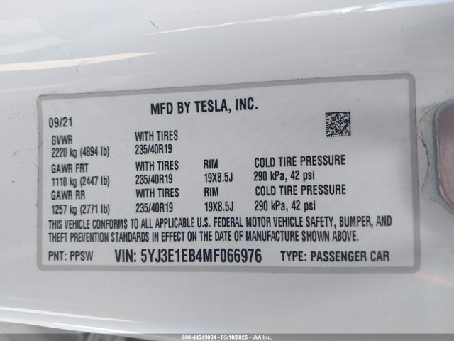 Aukcja sprzedaży 2021 Tesla Model 3 Long Range Dual Motor All-wheel Drive, vin: 5YJ3E1EB4MF066976, numer aukcji: 44549084